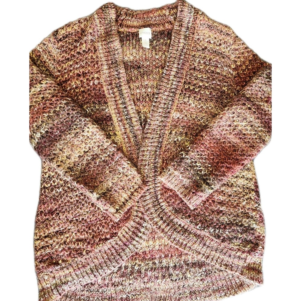 Chico's 3 XL Open Front Chunky‎ Knit Cardigan Sweater Boho Multicolor Cozy Layer